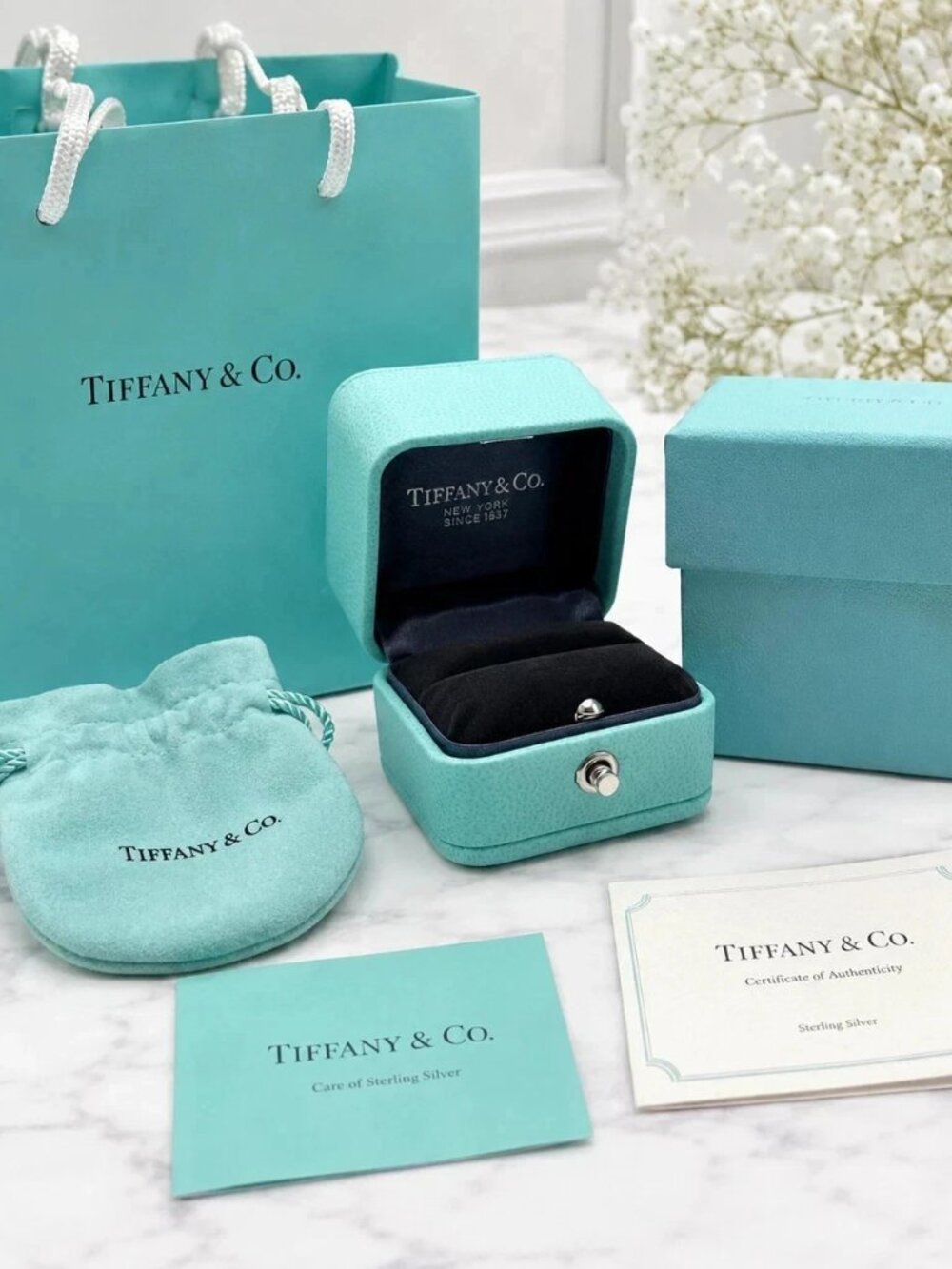 Tiffany & Co. Sterling Silver Ring Box with Iconic Blue Packaging
